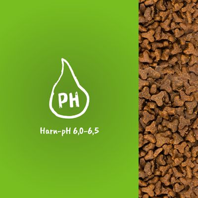 Harn-pH-Wert 6,0-6,5. Trockenfutterabbildung rechts im Bild.