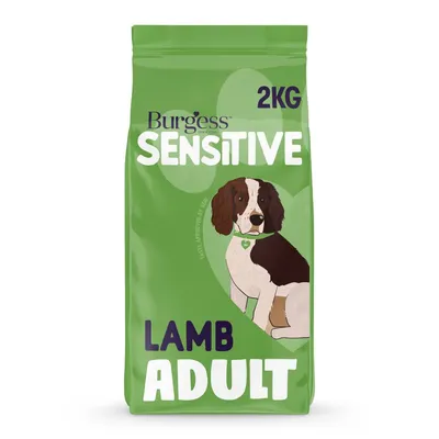Burgess Sensitive 2kg, lamb adult. Green packaging with illustration of a dog and product name clearly displayed.