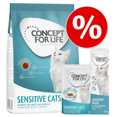Concept for Life Sensitive vegyes próbacsomag - 12 x 85 g nedvestáp szószban  + 400 g száraztáp + 75 g paszta Concept for Life Sensitive vegyes próbacsomag - 12 x 85 g nedvestáp szószban  + 400 g száraztáp + 75 g paszta