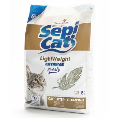 Sepicat LightWeight Extreme Fresh kattenbakvulling, 8L, klontvormend, afbeelding van kat en veer, tekst: Fresh Scent, tot 45 dagen frisheid, 40% lichter. Sepicat LightWeight Extreme Fresh kattenbakvulling, 8L, klontvormend, afbeelding van kat en veer, tekst: Fresh Scent, tot 45 dagen frisheid, 40% lichter.