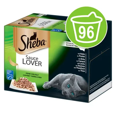 Sheba Sauce Lover, pakiranje s 96 porcija. Prikaz kutije s tanjurom hrane za mačke i slikom sive mačke. Tekst: mit Huhn, mit Ente, mit Lachs, mit Thunfisch.