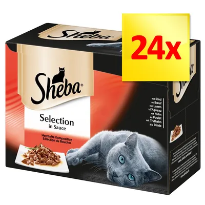 Emballage Sheba Selection in Sauce, Sélection du Boucher, 24x portions. Visuel d’un chat gris et d’une assiette de nourriture en sauce. Saveurs visibles : bœuf, agneau, poulet, dinde.