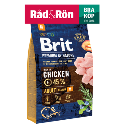Brit Premium by Nature, Adult Medium M, Hög halt av kyckling 45 %, GMO-fri soja, Råd & Rön BRA KÖP feb 2026.