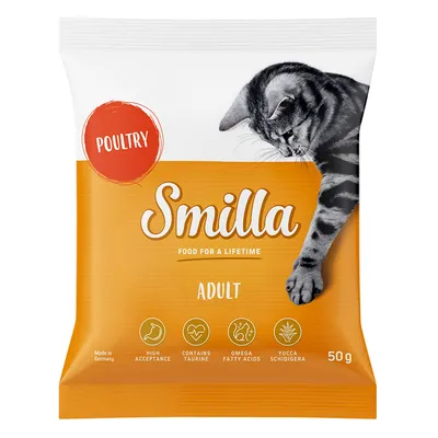 Smilla Adult kattefoder med fjerkræ, Made in Germany, indeholder taurin, omega-fedtsyrer og Yucca Schidigera. Høj accept. Pakningsstørrelse: 50g.