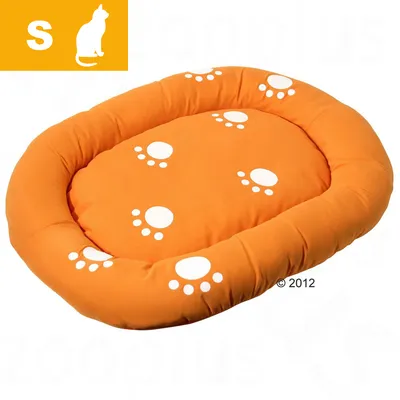 Small orange pet bed with white paw print designs, shown with a cat icon and letter S indicating size small. Small orange pet bed with white paw print designs, shown with a cat icon and letter S indicating size small.