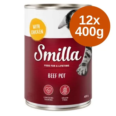 Confezione da 12x400g Smilla Beef Pot, con scritta 'with chicken', contiene taurina, senza cereali. Testo visibile: Food for a lifetime, 400g.