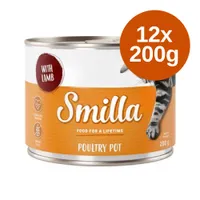 Smilla Poultry Pot with Lamb, confezione 12x200g. Testo visibile: 'FOOD FOR A LIFETIME', 'GRAIN FREE', 'CONTAINS TAURINE'. Barattolo arancione con immagine di gatto.