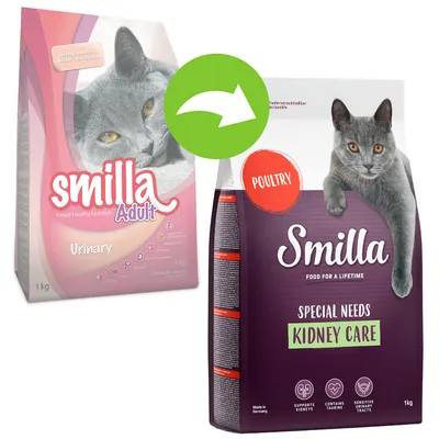 Pachet cu două variante de hrană pentru pisici Smilla: Adult Urinary 1 kg și Special Needs Kidney Care Poultry 1 kg, ambele cu imaginea unei pisici gri pe ambalaj.