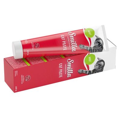 Tuba a krabička Smilla Cat Paste Malt, 200 g. Na obalu je obrázek kočky a text „Mineral prevention“, „Made in Germany“.