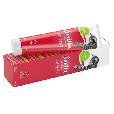 Tuba a krabička Smilla Cat Paste Malt, 200 g. Na obalu je obrázek kočky a text „Mineral prevention“, „Made in Germany“.