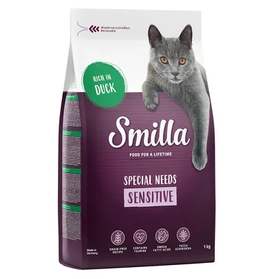 Smilla Special Needs Sensitive храна за котки, богата на патица, без зърнени храни, съдържа таурин, омега мастни киселини и Yucca-Schidigera. Повторно затваряща се опаковка, произведено в Германия, 1 кг.