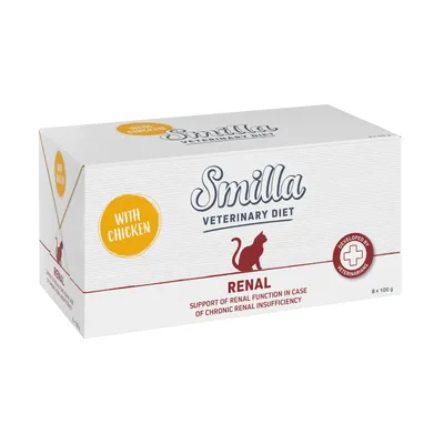 Smilla Veterinary Diet Renal med kyckling. Stödjer njurfunktionen vid kronisk njursvikt. Utvecklad av veterinärer, förpackning med 8 x 100 g.