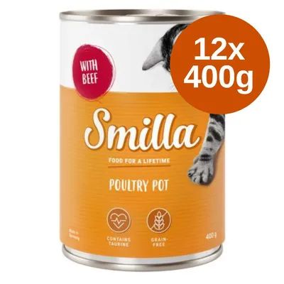 Smilla Poultry Pot con manzo, contiene taurina, senza cereali, 12x400g. Testo visibile: 'FOOD FOR A LIFETIME', 'CONTAINS TAURINE', 'GRAIN-FREE'. Immagine di una lattina arancione.
