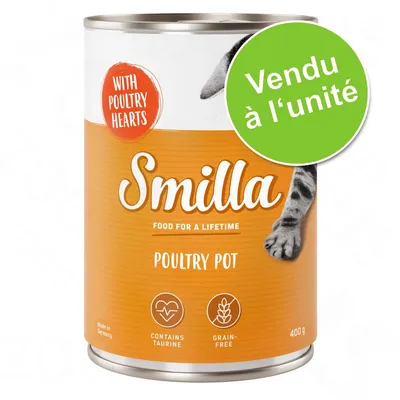 Boîte de 400 g Smilla Poultry Pot, avec cœurs de volaille, contient de la taurine, sans céréales. Texte sur pastille verte : Vendu à l’unité. Texte en anglais visible sur l’emballage.