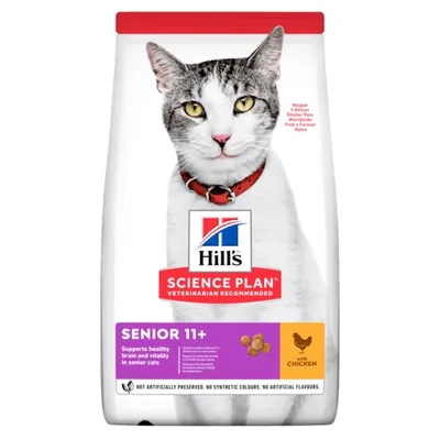 Science Plan Senior 11+ with chicken, supports healthy brain and vitality in senior cats. Not artificially preserved, no synthetic colours or artificial flavours.