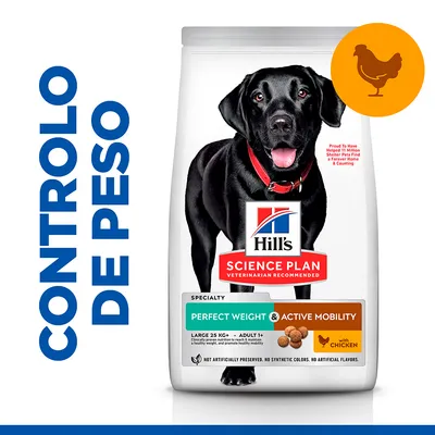 Ração Hill's Science Plan Perfect Weight & Active Mobility para cães adultos de porte grande, com frango. Embalagem mostra cão preto e texto 'Controlo de peso'. Ração Hill's Science Plan Perfect Weight & Active Mobility para cães adultos de porte grande, com frango. Embalagem mostra cão preto e texto 'Controlo de peso'.