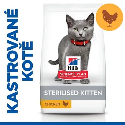 Hill's Science Plan Sterilised Kitten Chicken. Nápis: KASTROVANÉ KOTĚ. Obal s obrázkem kotěte a ikonou kuřete. Hill's Science Plan Sterilised Kitten Chicken. Nápis: KASTROVANÉ KOTĚ. Obal s obrázkem kotěte a ikonou kuřete.