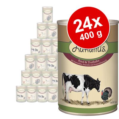 Lukullus Rind & Truthahn -säilykeruoka, 24 x 400 g. Etiketissä lehmä ja kalkkuna, teksti: Mit Kartoffeln, Petersilie und Sonnenblumenöl.