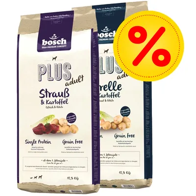 bosch PLUS adult Strauß & Kartoffel und Forelle & Kartoffel, Single Protein, Grain Free, je 12,5 kg, Abbildung mit Prozentzeichen für Rabattaktion.
