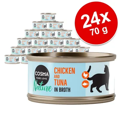 Cosma Pure Love Nature Chicken and Tuna in Broth, 24 x 70 g burkar kattmat synliga på bilden.