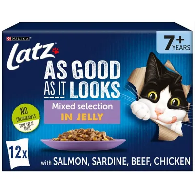 Purina Latz As Good As It Looks Mixed selection in jelly, 12 annosta. Salmon, sardine, beef, chicken. 7+ years. Ei väriaineita. Kissaruoan pakkaus, violetti lautanen.