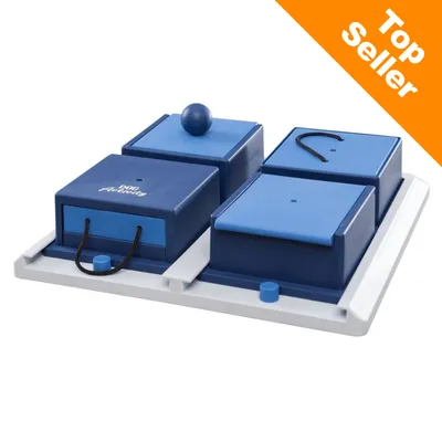 Gioco interattivo per cani Dog Activity in plastica blu e bianca con cassetti, corde e manopole. Angolo arancione con testo: Top Seller.