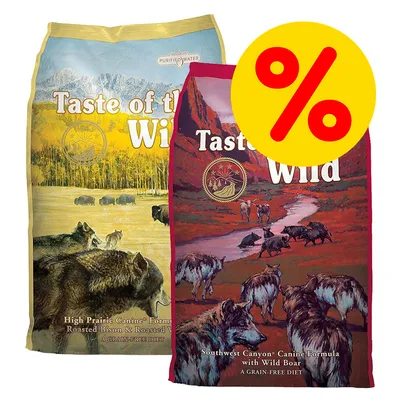 Taste of the Wild -koiranruokapakkaukset, High Prairie ja Southwest Canyon. Keltainen prosenttimerkki osoittaa tarjousta.