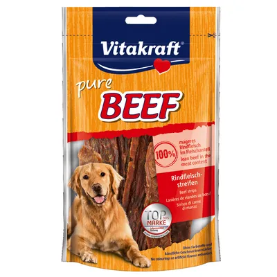 Vitakraft pure BEEF, 100 % magert nötkött, Rindfleischstreifen. TOP MARKE 2015. Förpackning med torkade köttstrimlor och hundbild. Ingen konstgjord färg eller smakförstärkare.