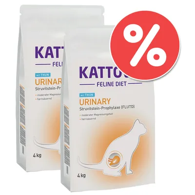 Kattovit Feline Diet Urinary mit Thun, Struvitstein-Prophylaxe (FLUTD), moderater Magnesiumgehalt, harnsäuernd, 2 x 4 kg. Prozentzeichen für Rabattaktion.