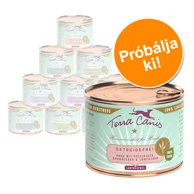 Terra Canis Getreidefrei konzerv, látható felirat: Huhn mit Pastinaken, Brombeeren & Löwenzahn, laktosefrei. Narancssárga körben: Próbálja ki!