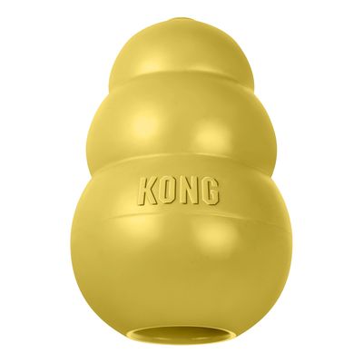 Jouet KONG jaune avec l'inscription KONG en relief, fabriqué dans un matériau robuste, creux avec une ouverture en bas.