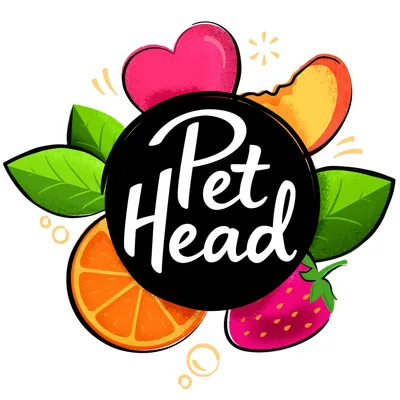Pet Head. Marke mit fruchtigen Elementen wie Orange, Erdbeere, Pfirsich und grünen Blättern.