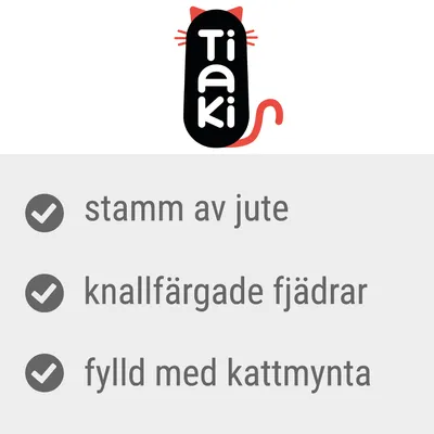 Tiaki. Stamm av jute, knallfärgade fjädrar, fylld med kattmynta.