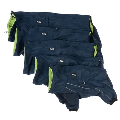 Foxy hondenjassen in verschillende maten, donkerblauw met groene voering en reflecterende strepen.