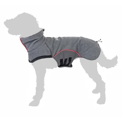 Grauer Hundemantel mit rotem Rand, verstellbarem Kragen und seitlichen Klettverschlüssen. Gezeigt auf einer Silhouette eines Hundes.