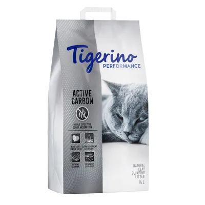 Συσκευασία Tigerino Performance Active Carbon, φυσική άμμος γάτας με ενεργό άνθρακα, 14L. Εμφανίζονται εικονίδια: απορρόφηση οσμών, εξαιρετική συσσωμάτωση, χαμηλή σκόνη.