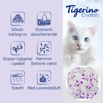 Tigerino Crystals silikat-kattegrus, ekstremt absorberende, stopper lugtgener i opløbet, hæmmer bakterievækst, støvfri, med lavendelduft. Billede af gruset nederst.