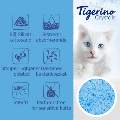 Tigerino Crystals. Blå Silikat kattesand, ekstremt absorberende, stopper lugtgener i opløbet, hæmmer bakterievækst, støvfri, Parfume-free for sensitive katte.