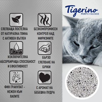 Tigerino Performance. Слепяща постелка от натурална глина с активен въглен, контрол над миризмите, абсорбираща способност, бързо слепване, фин гранулат, аромат на бебешка пудра.