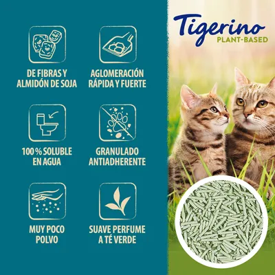 Tigerino Plant-Based. De fibras y almidón de soja, aglomeración rápida y fuerte, 100 % soluble en agua, granulado antiadherente, muy poco polvo, suave perfume a té verde.