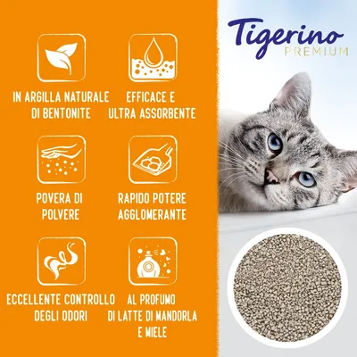 Tigerino Premium, lettiera per gatti in argilla naturale di bentonite, efficace e ultra assorbente, povera di polvere, rapido potere agglomerante, controllo odori, profumo latte di mandorla e miele.