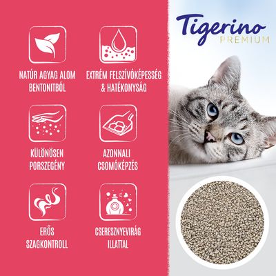 Tigerino Premium. Natúr agyag alom bentonitból, extrém felszívóképesség és hatékonyság, különösen porszegény, azonnali csomóképzés, erős szagkontroll, cseresznyevirág illattal.