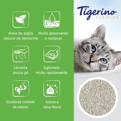 Tigerino Premium. Areia de argila natural de bentonite, muito absorvente e rentável, levanta pouco pó, aglomera rapidamente, excelente controlo de odores, aroma a relva fresca.