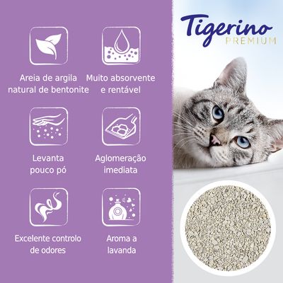 Tigerino Premium. Areia de argila natural de bentonite, muito absorvente e rentável, levanta pouco pó, aglomeração imediata, excelente controlo de odores, aroma a lavanda.