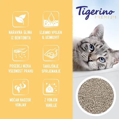 Tigerino Premium mačji posip; naravna glina iz bentonita, izjemno vpojen, nizka vsebnost prahu, takojšnje sprijemanje, močan nadzor vonjav, z vonjem vanilije. Prikaz posipa in mačke.