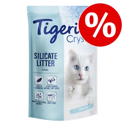 Tigerino Crystals Silicate Litter Classic Sensitive 5L, texte en anglais : light & economical, stops odours before they arise, inhibits bacterial growth, dust-free, offre spéciale % visible.