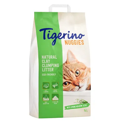 Tigerino Nuggies prirodni grudajući pijesak za mačke, miris proljetne livade, 14 l. Tekst: Natural Clay Clumping Litter, Eco-Friendly, Fast Clumping, Odour Control, High Absorption, Extra-Fine Grain.