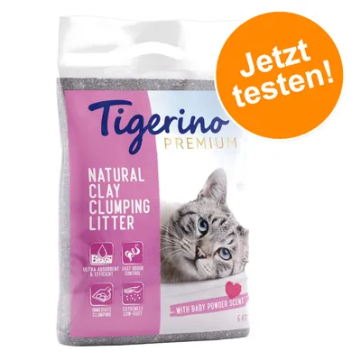 Tigerino Premium Natural Clay Clumping Litter mit Baby Powder Duft, ultra absorbierend, schnelle Geruchskontrolle, sofort klumpend, extrem staubarm. Jetzt testen! 6 kg.