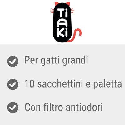 Tiaki. Per gatti grandi, 10 sacchettini e paletta, con filtro antiodori.
