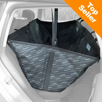 Ochranný potah na zadní sedadla auta, černý materiál s nápisy 'kleinmetall', upevnění popruhy. Oranžový roh s textem Top Seller.